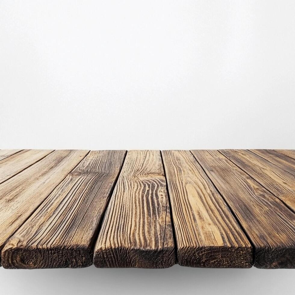 Wooden table top on white background photo