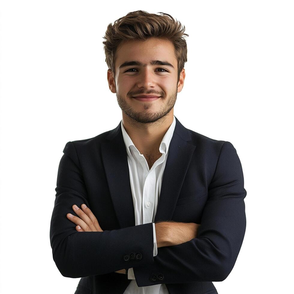 A man in a suit and tie standing with his arms crossed photo