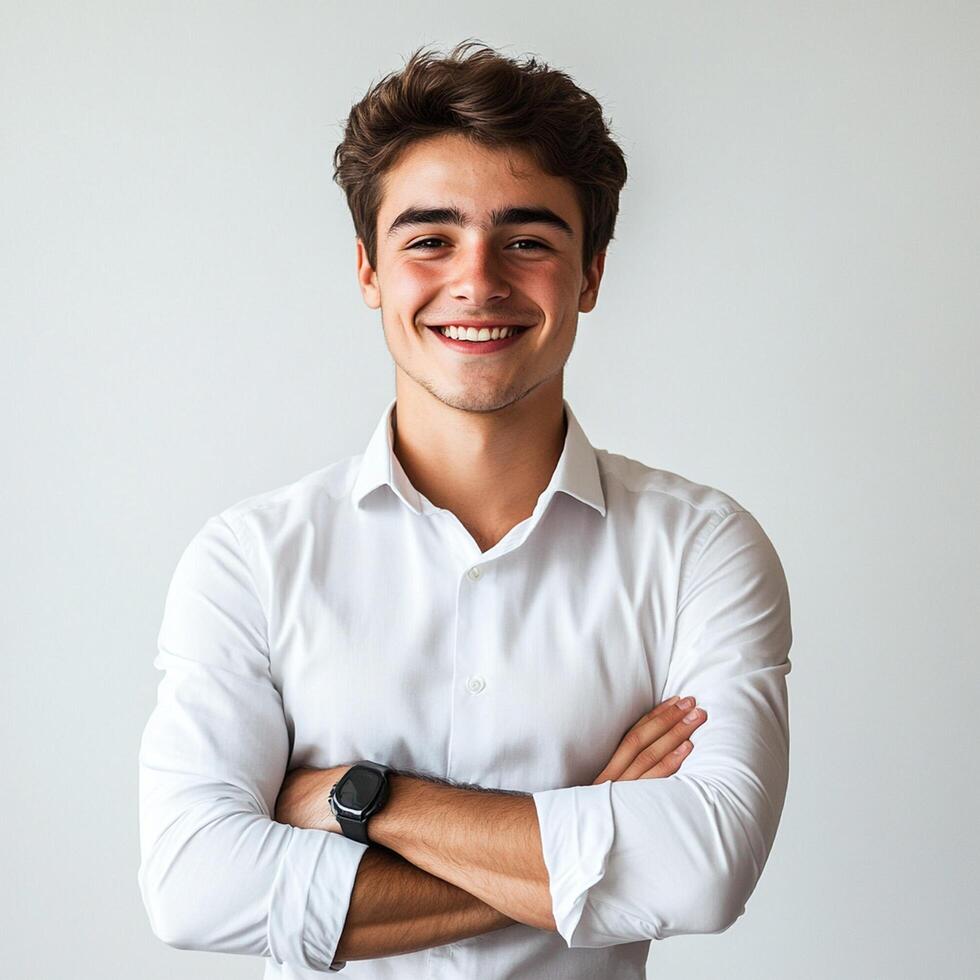 Portrait of a young man with his arms crossed standing in front of a white background photo