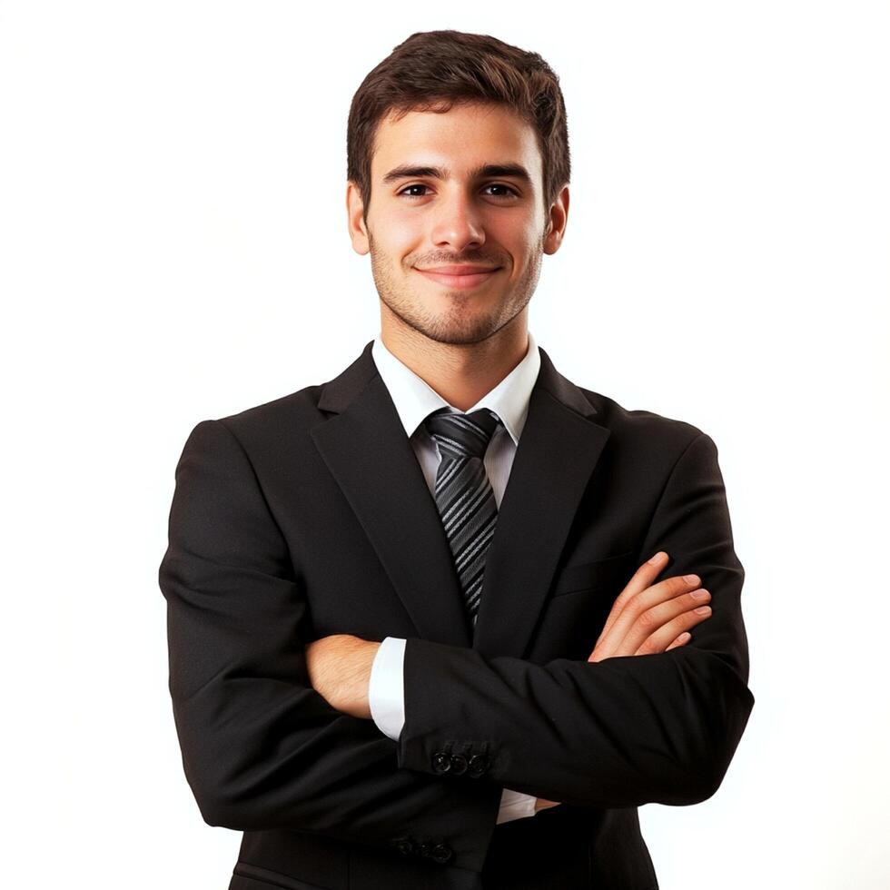 A man in a suit and tie standing with his arms crossed photo