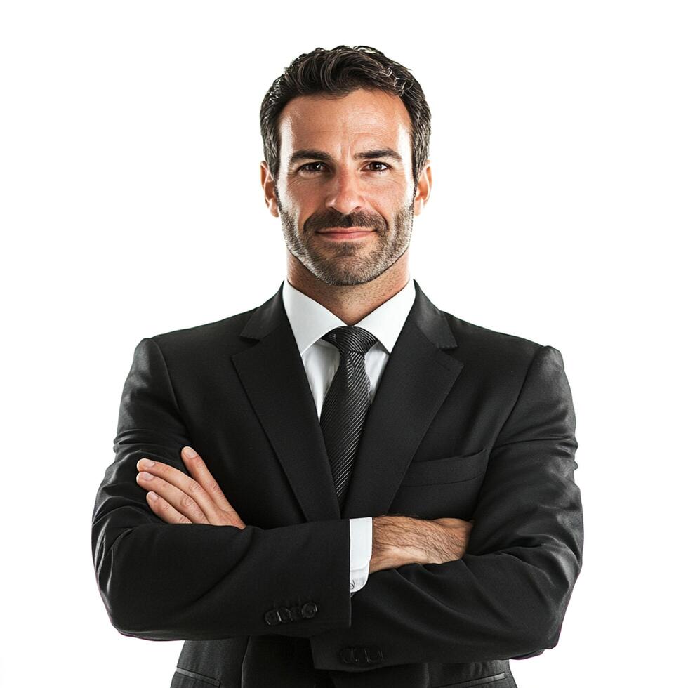 A man in a suit and tie standing with his arms crossed photo