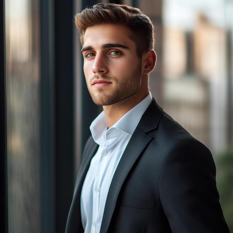 A man in a suit standing in front of a window photo