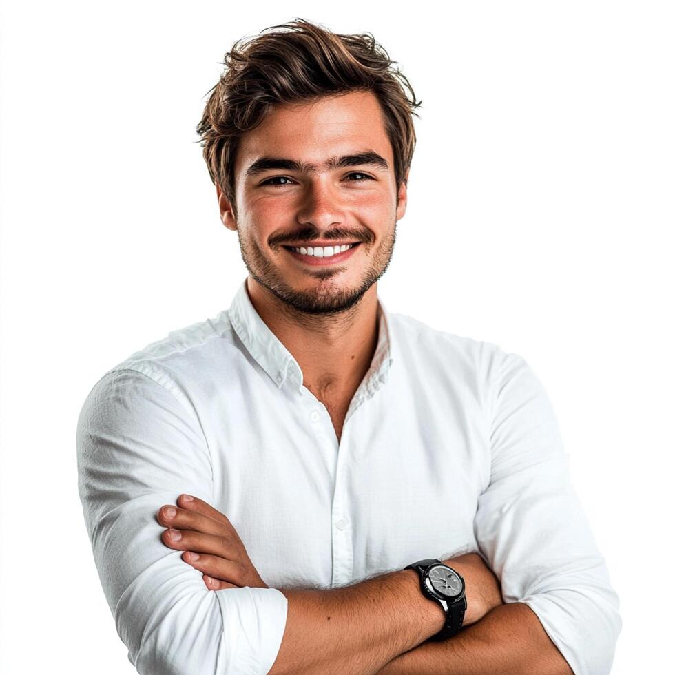 A man in a white shirt with his arms crossed photo