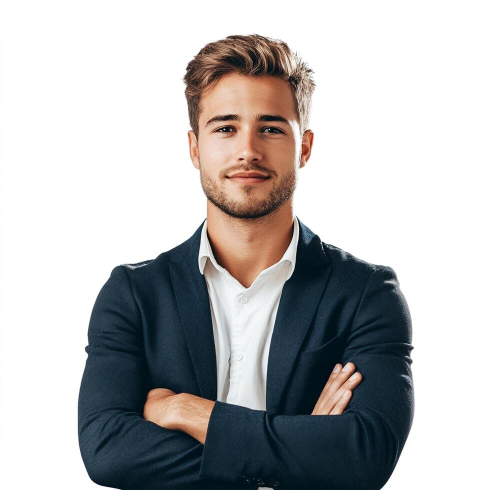 A man in a suit standing with his arms crossed photo