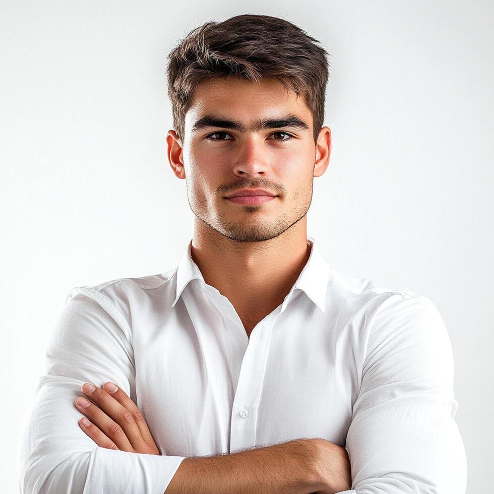 A man in a white shirt with his arms crossed photo