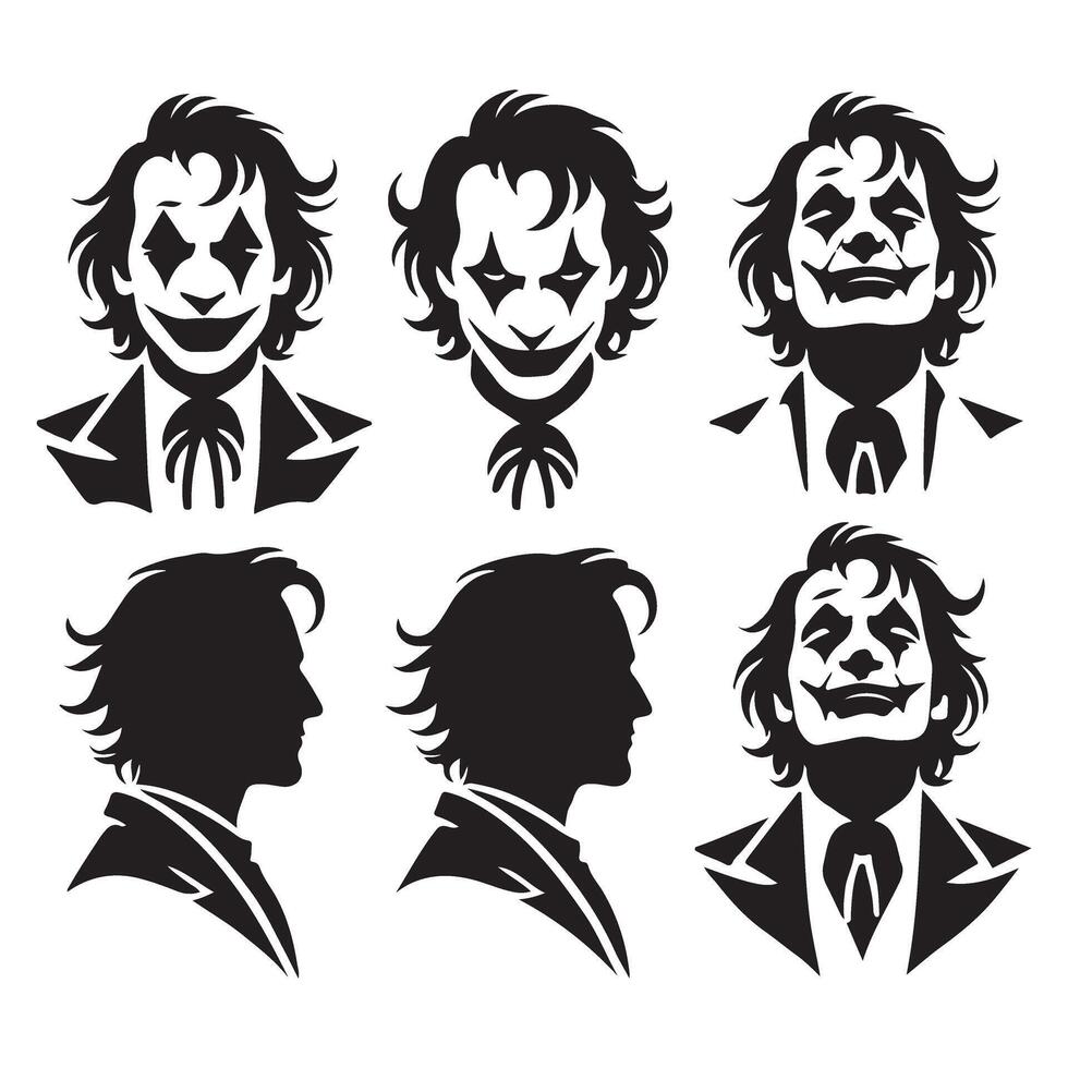Joker silhouette character face sinister smile illustration various expressions vector