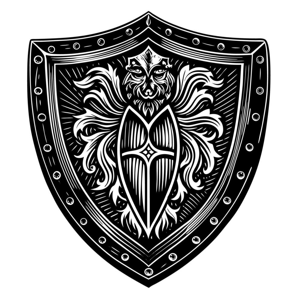 Detailed Black and White Shield with Lion Head and Cross vector