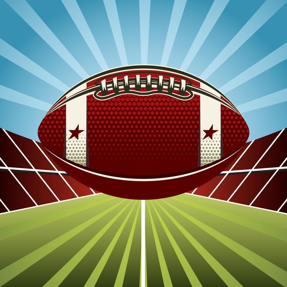 A vibrant American football on a dynamic stadium background with bold colors and star details evoking the spirit of the game vector
