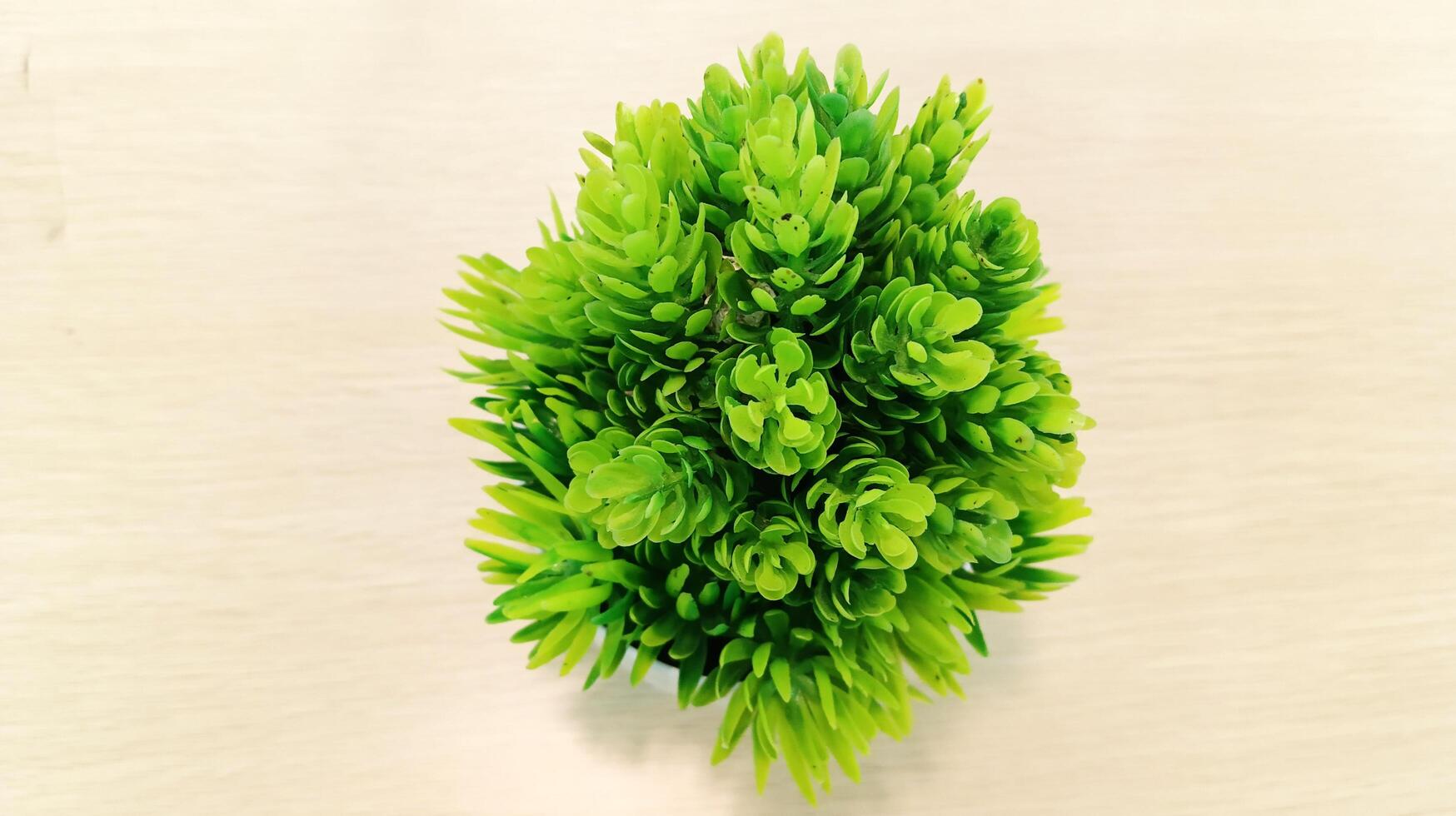 Artificial plastic grass in a pot in the center on a light colored wooden background. photo