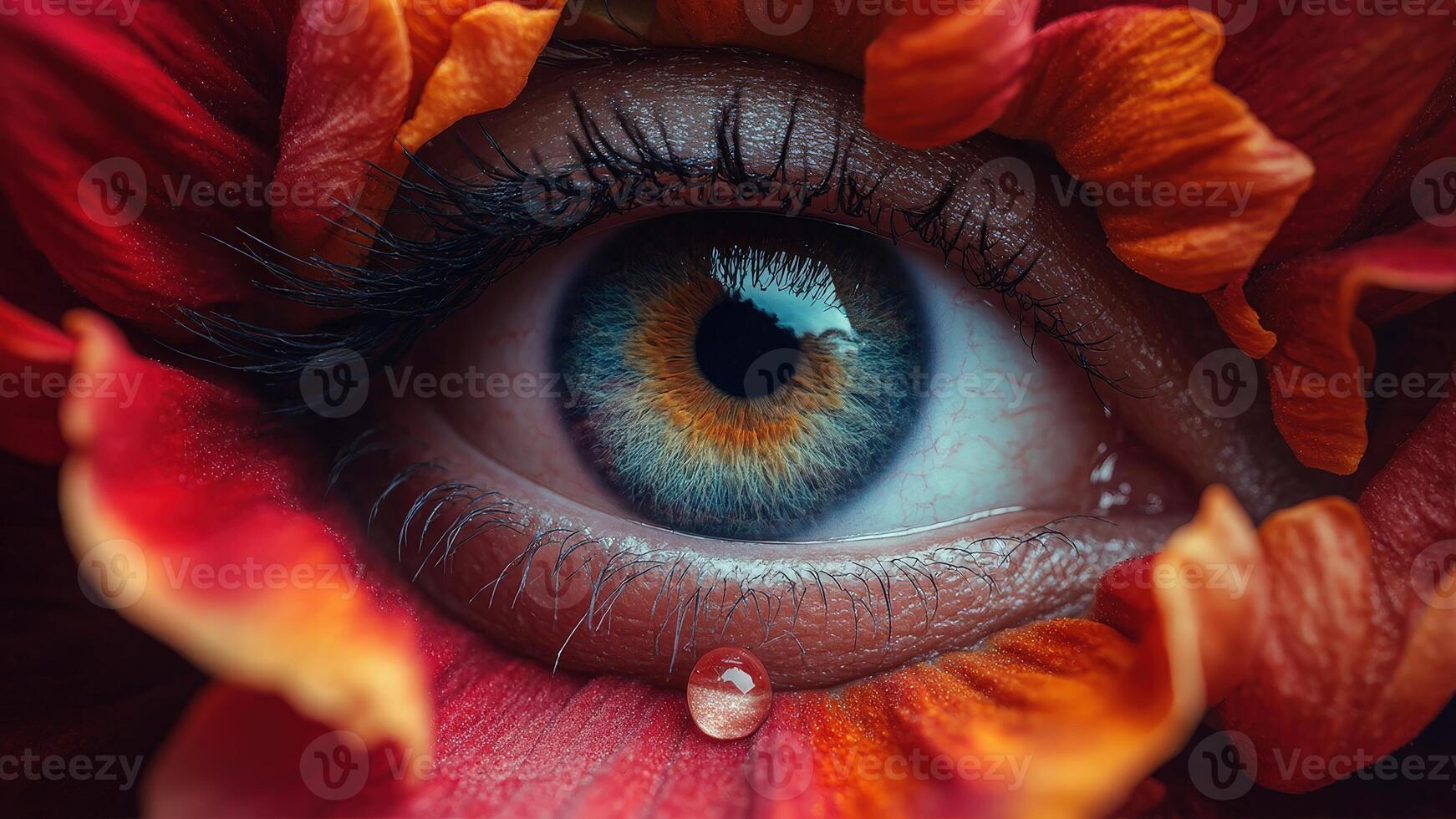 An eye with a mesmerizing blue and amber iris peers from a delicate bloom of petals, a single teardrop clinging to the lower lid. photo