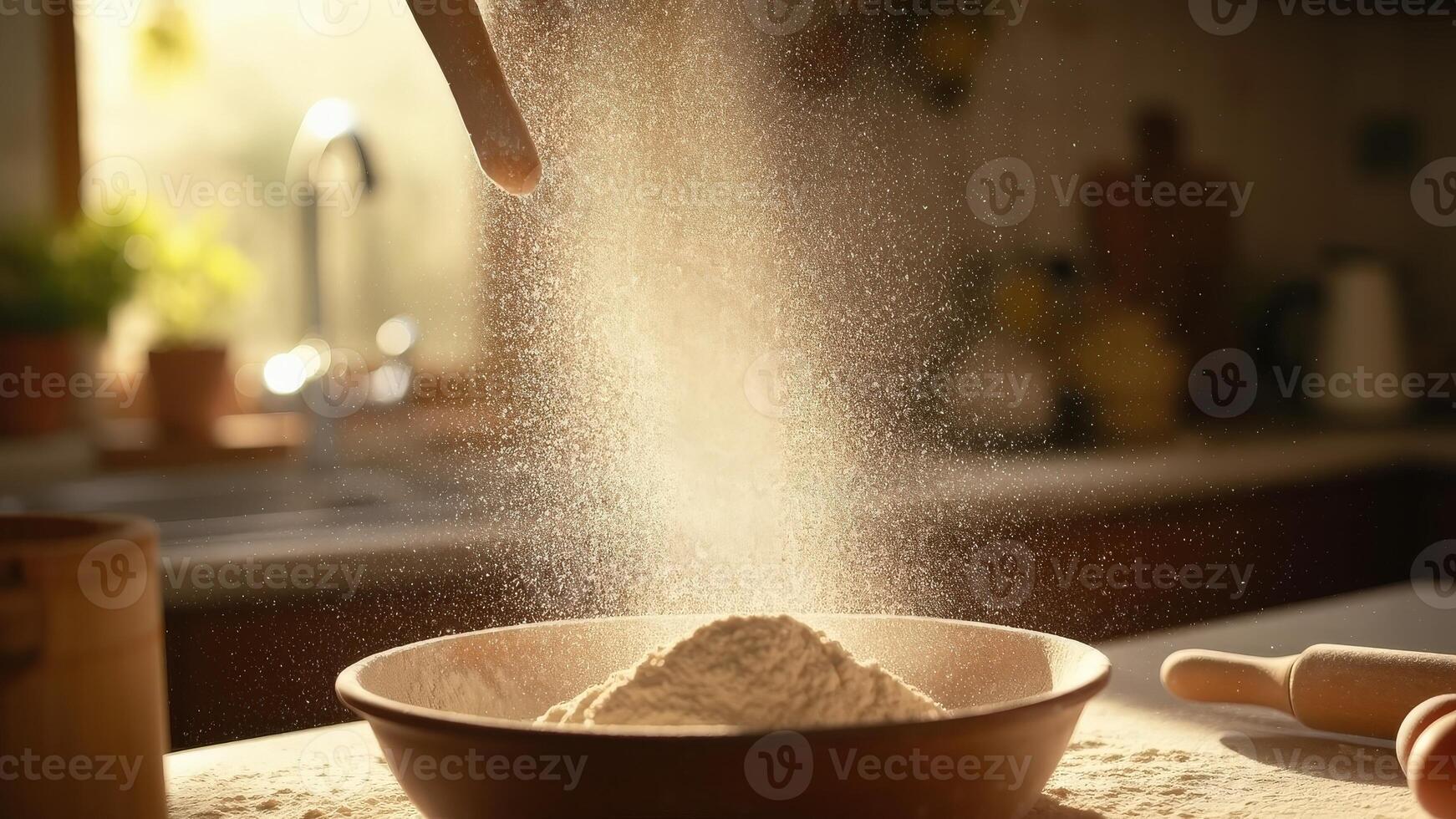 Captured in a close-up shot, a cloud of flour descends gracefully into a bowl on a wooden surface, ready for culinary artistry. photo