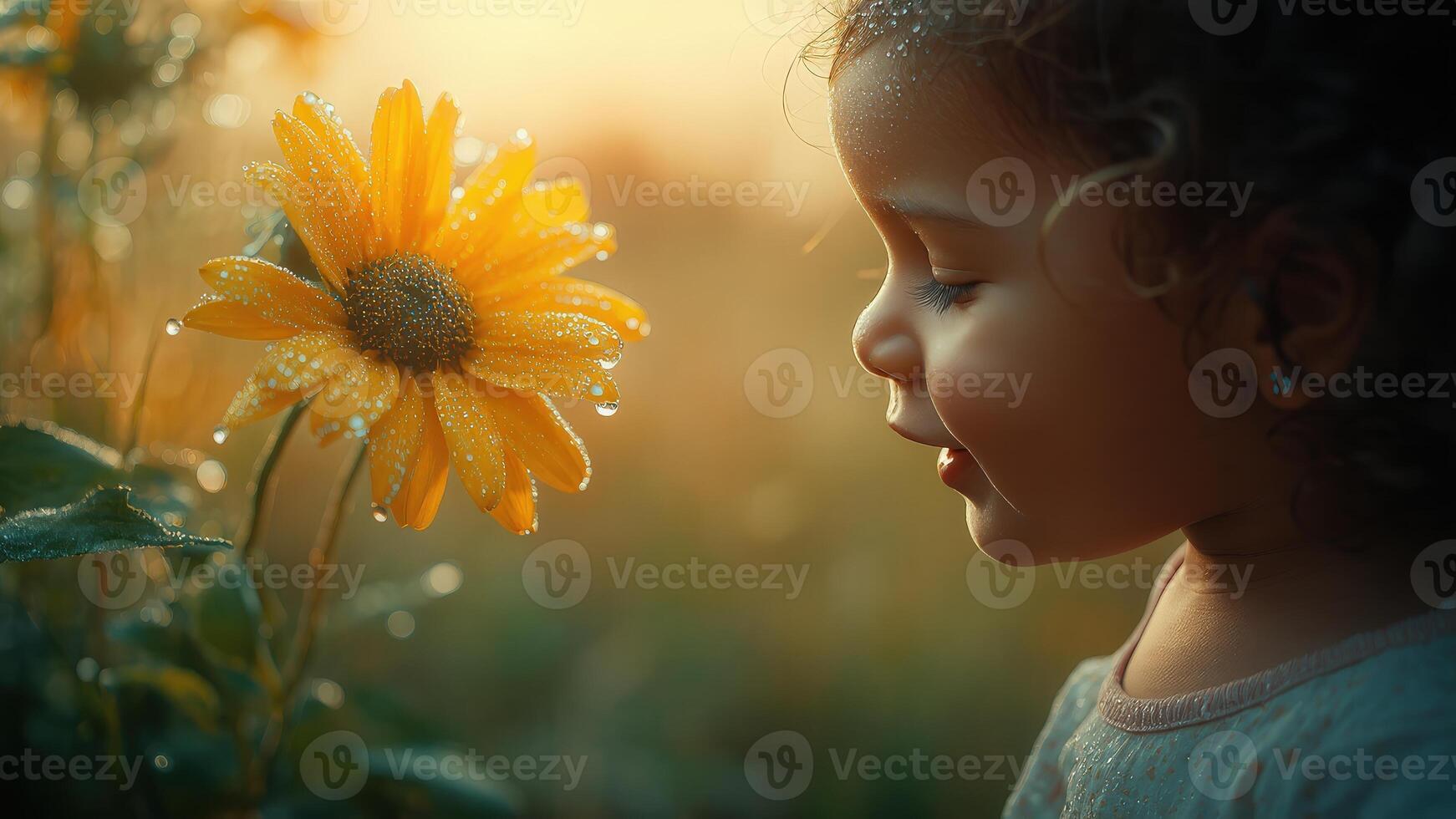 A young girl, captivated by a vibrant yellow sunflower, her face alight with a sense of discovery, a gentle touch of sunlight and dew drops. photo
