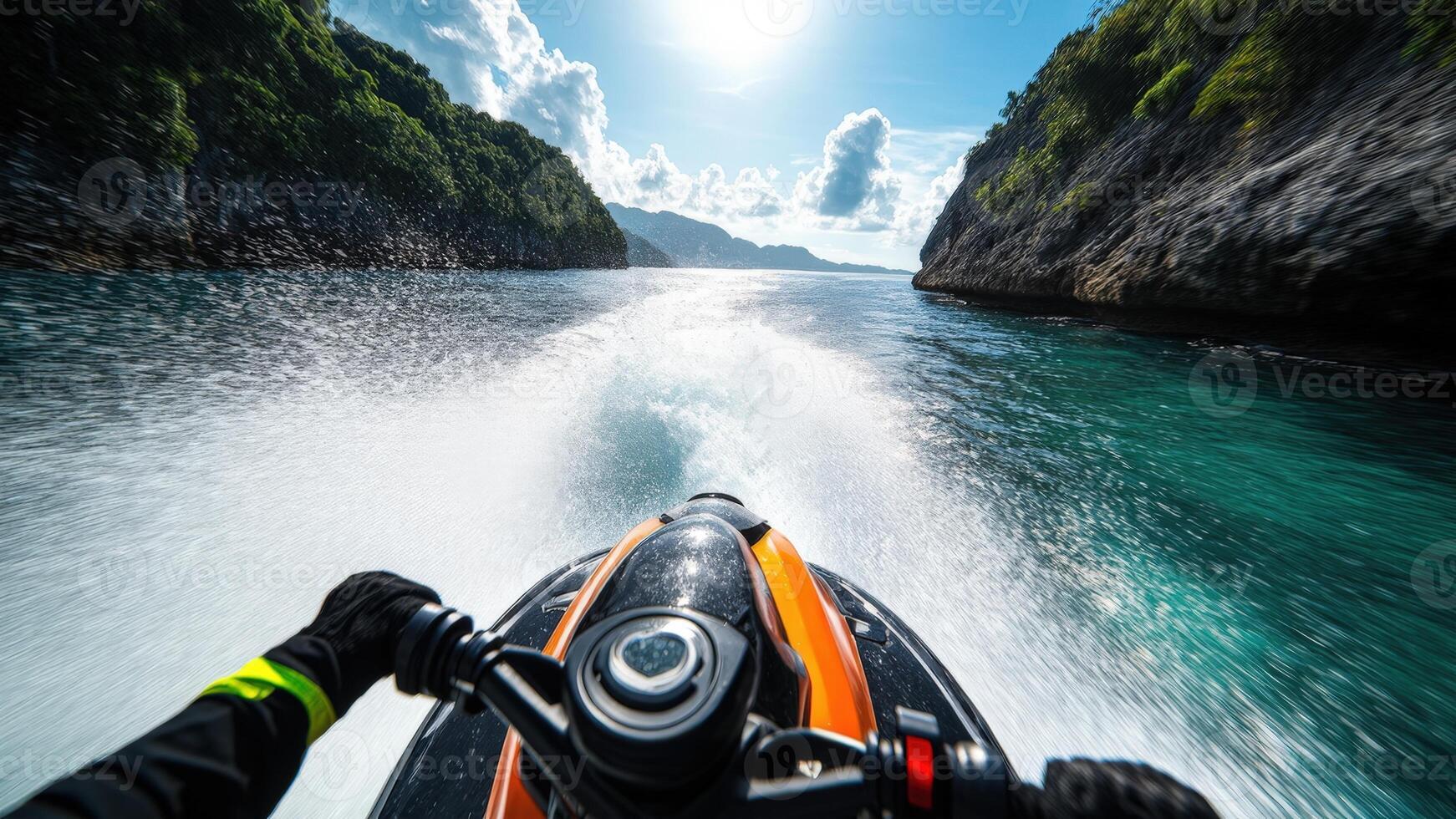 A jet ski speeds across the gulf, jumping over waves and weaving between anchored boats. Water splashes onto the camera lens as the rider performs a daring turn, photo