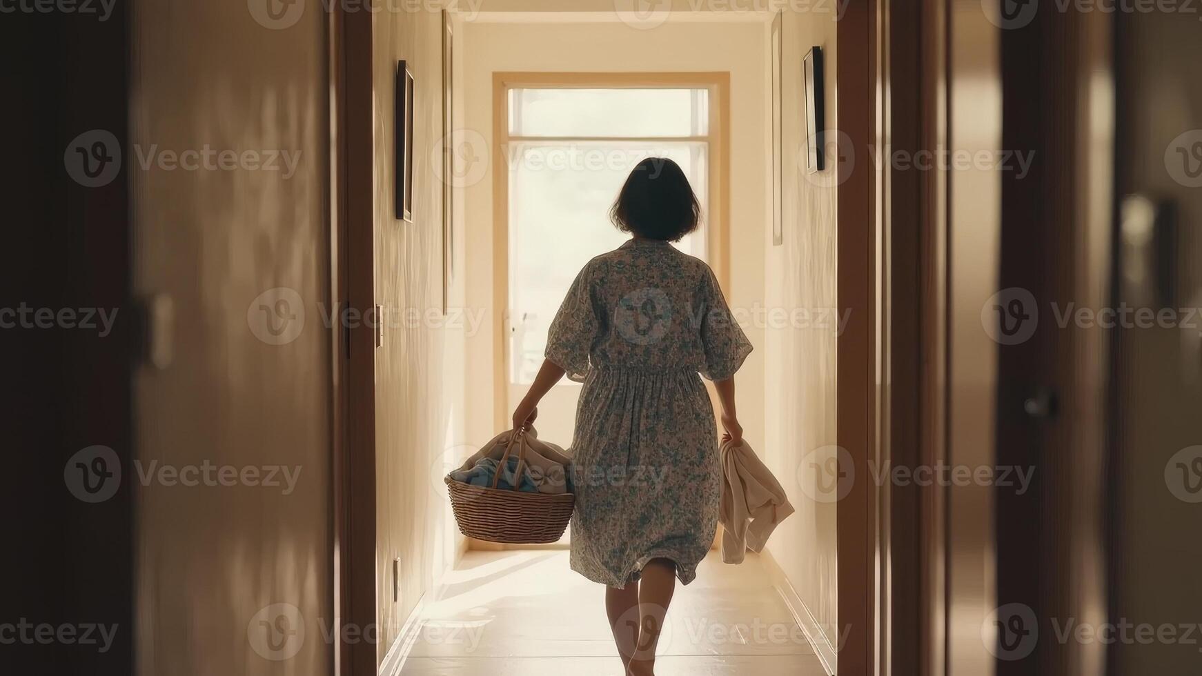 A woman navigates a sunlit hallway, her form silhouetted as she carries laundry and a sense of purpose. This image conveys a narrative of home life, daily routines. photo