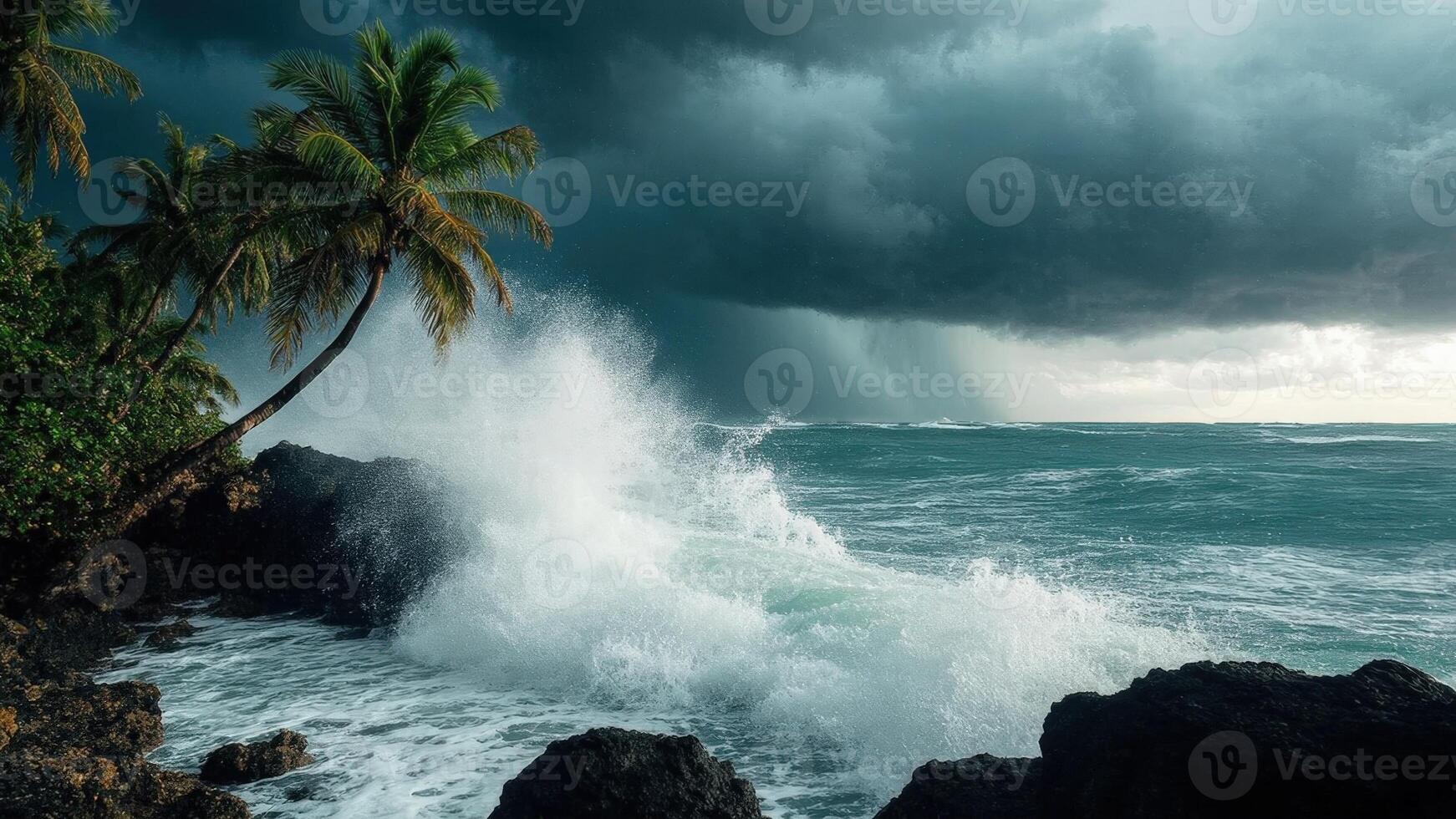 A powerful storm approaches the gulf, and the wind howls as palm trees bend under its force. Waves crash violently against the rocky shoreline, photo