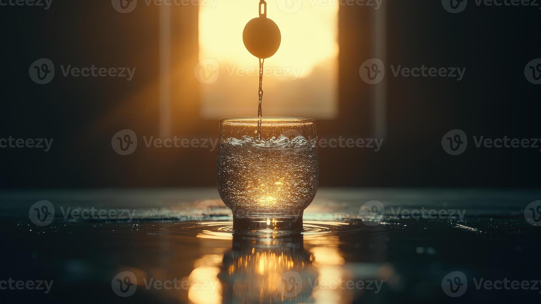 The moment captured a transparent glass, filled with effervescent liquid, is being filled with a mysterious liquid in the warm light. photo