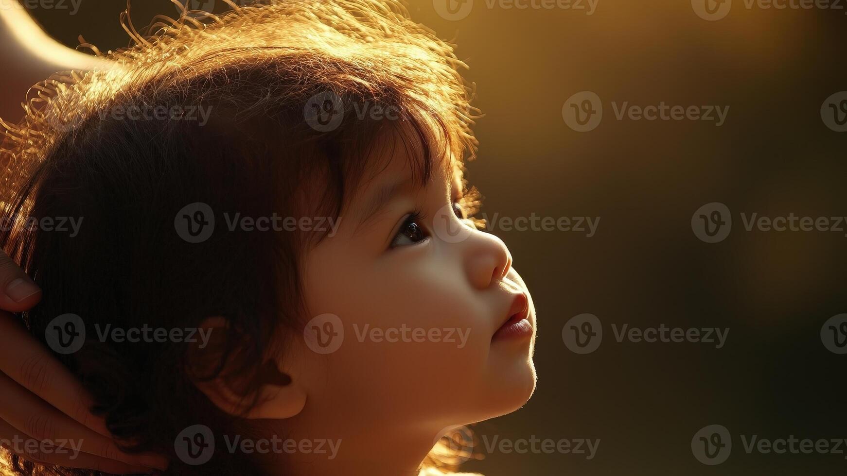 A heartwarming portrait of a child, lit by the golden light of dawn, with a gentle touch suggesting care and connection. The child's gaze is filled with curiosity and innocence. photo