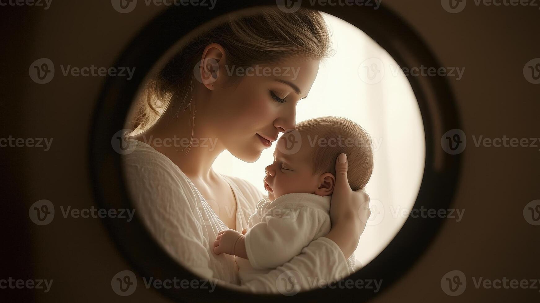 A loving mother cradles her newborn baby in a gentle embrace, captured through a circular frame, a heartwarming scene radiating warmth and maternal affection. photo