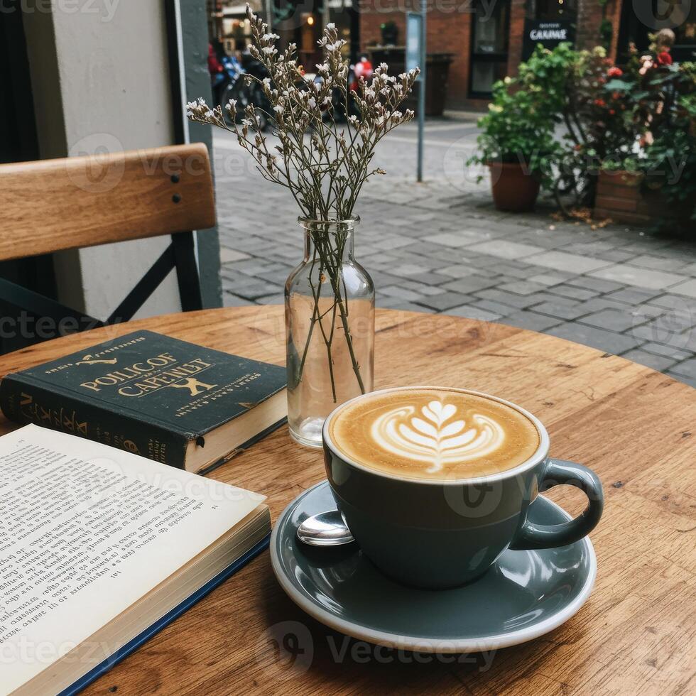 Coffee and book on a table photo