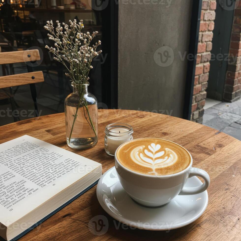 A cup of coffee sits on a table next to a book photo