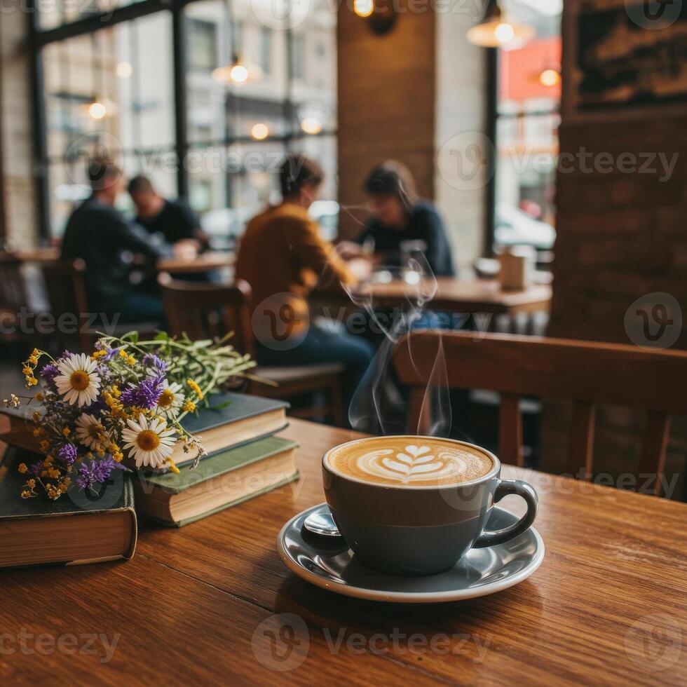 Coffee and books on a table in a cafe photo