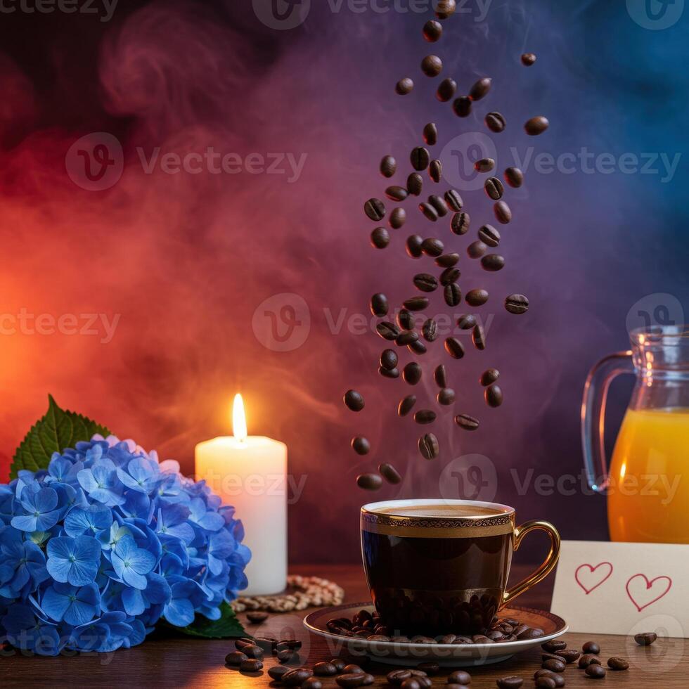 Coffee beans and a cup of coffee with a candle on a table with flowers and a note photo