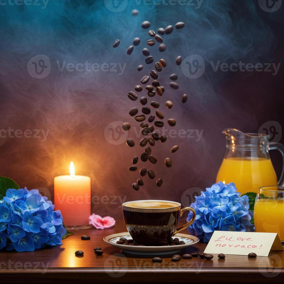 Coffee beans, coffee cup, flowers and a note on a table photo