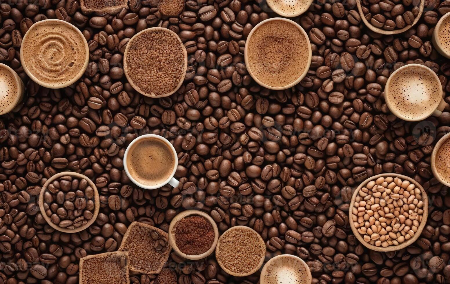 Coffee beans and coffee cups are arranged on a table photo