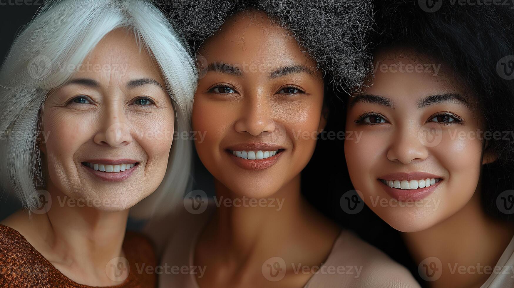 Three women of diverse nationality and ages display unity and empowerment, symbolizing the strength and achievements of women globally. Their smiles reflect solidarity and shared purpose photo