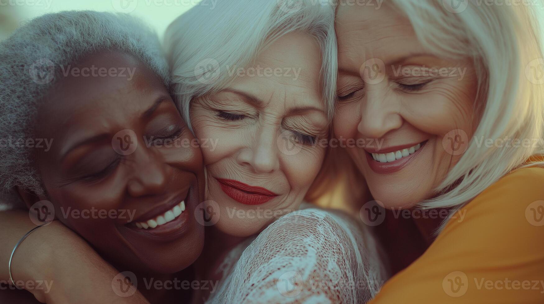 Three senior women share a heartfelt embrace, symbolizing unity and empowerment. Their expressions of joy and contentment highlight the strength of female friendship and support photo