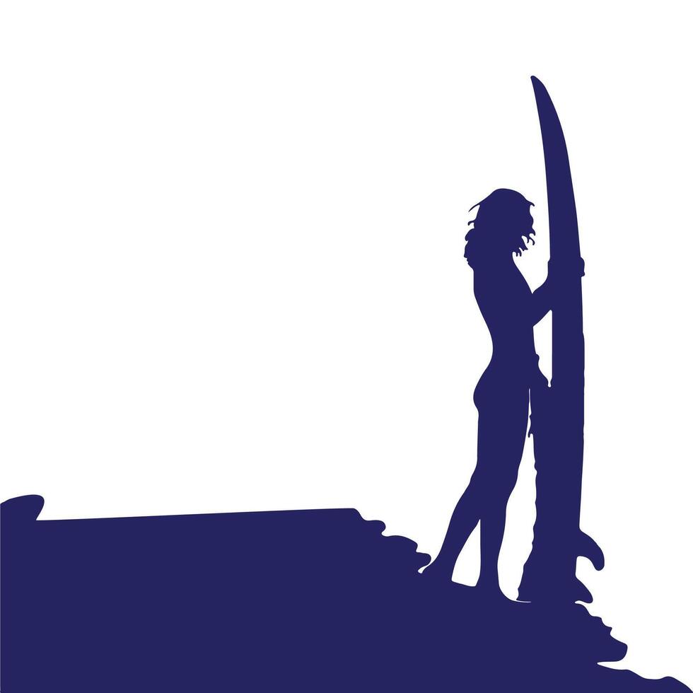 a silhouette of a woman holding a surfboard vector
