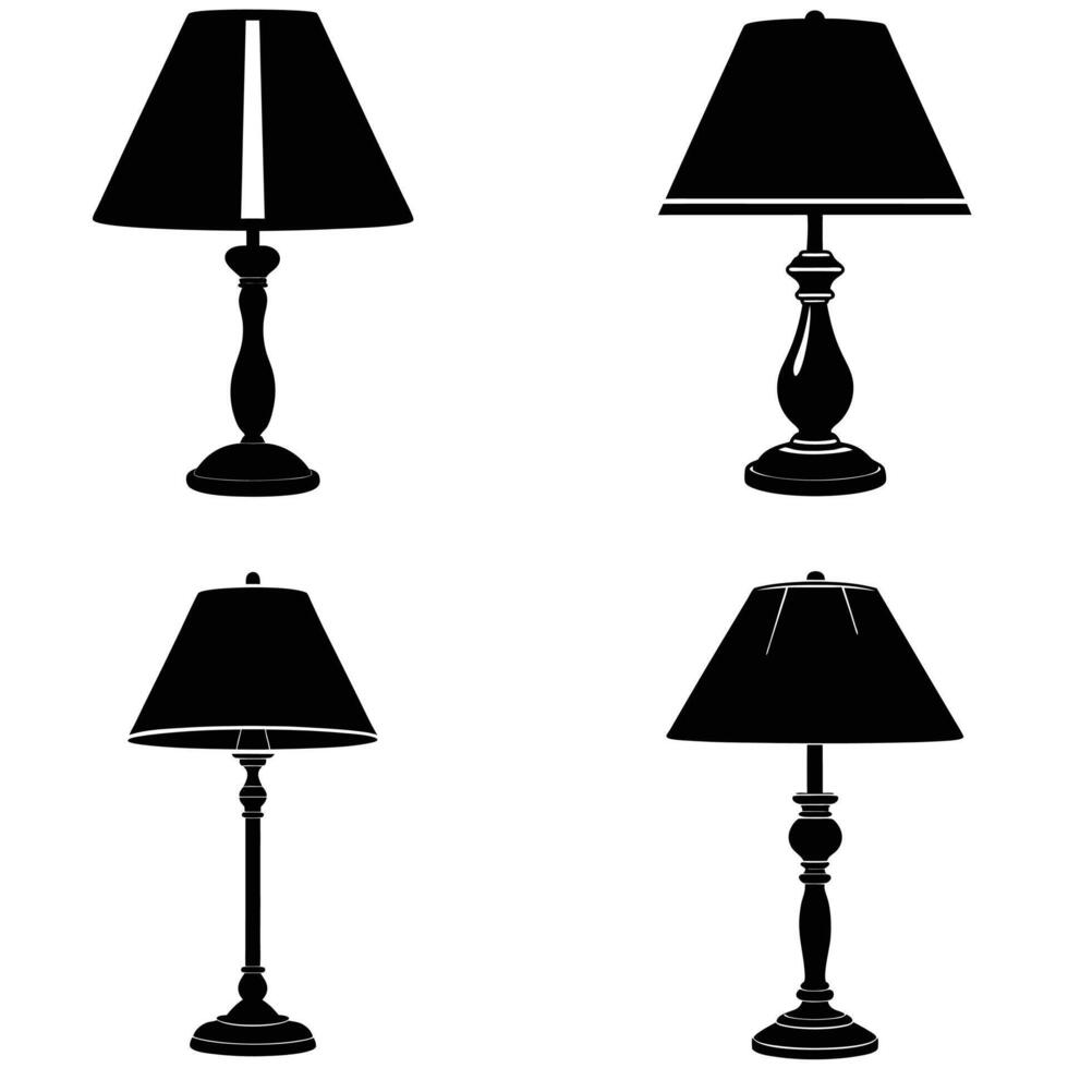 This image features four black silhouettes of classic table lamps. vector