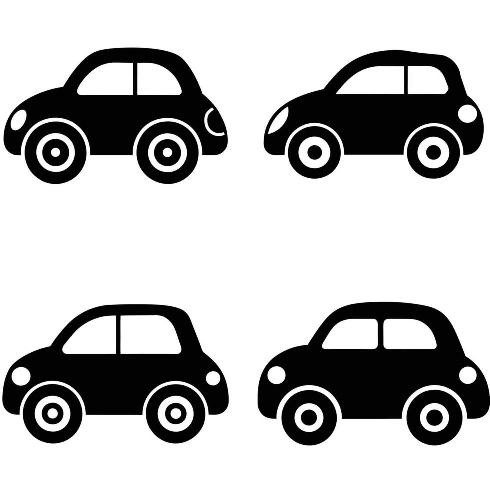 Four simple, black silhouette icons of cartoon cars. vector