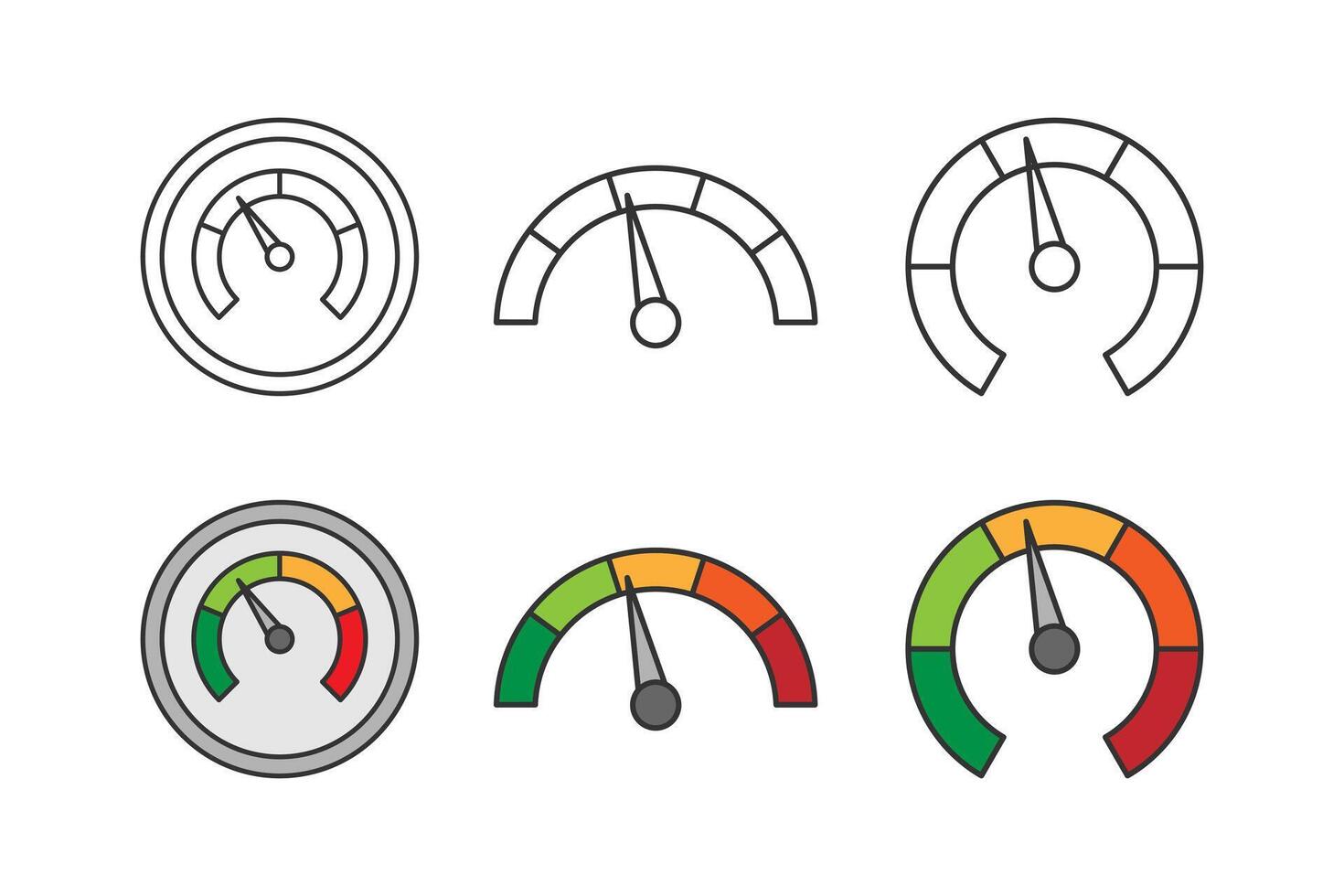 Six speedometer icons in black line and colored variations vector