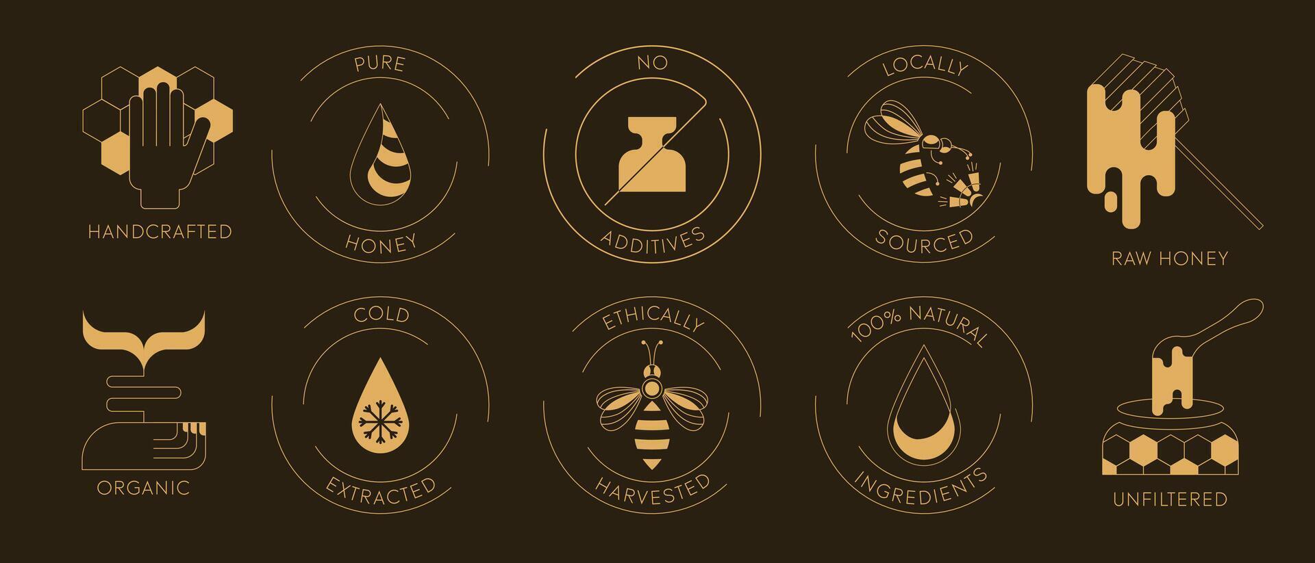 Gold quality certification icons for honey and bee products in minimalist style. illustrations for honey, wax, pollen, royal jelly, and beekeeping tools. Perfect for beekeepers, websites, branding. vector