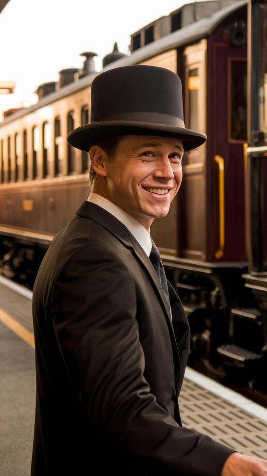 A man in a suit and hat standing next to a train photo