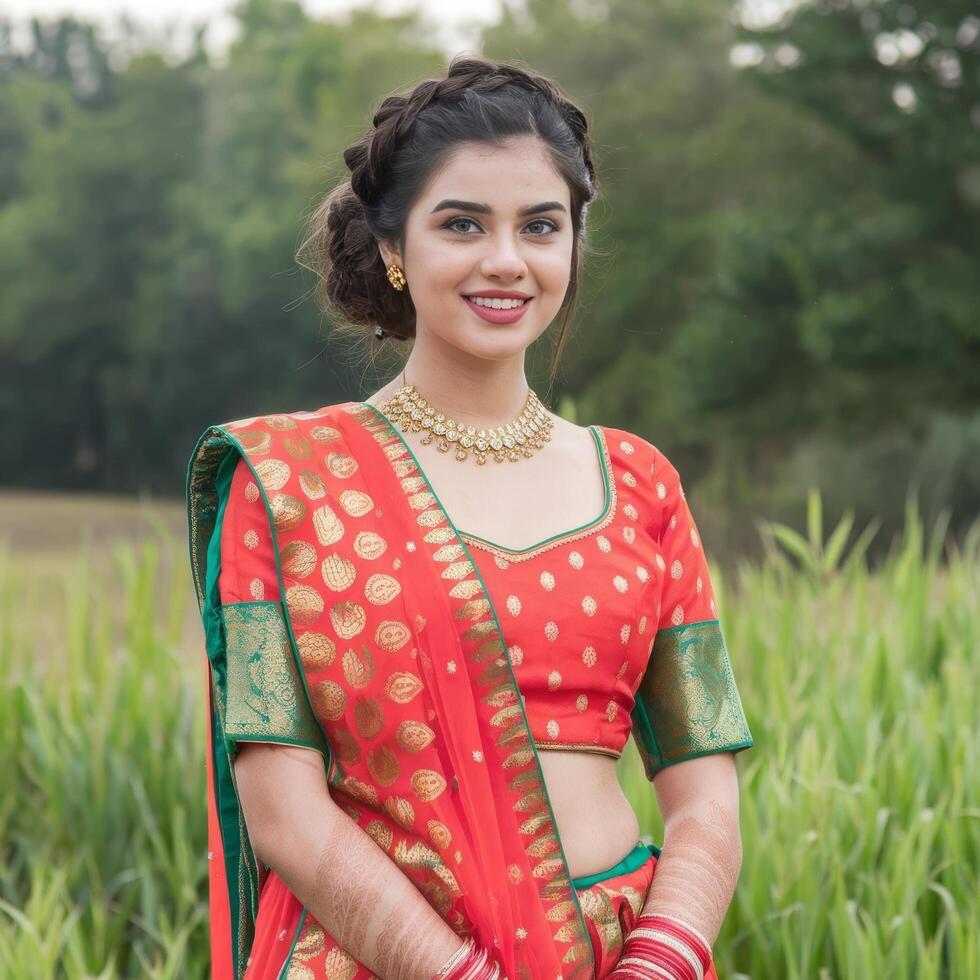 A beautiful indian woman in a red and green sari photo