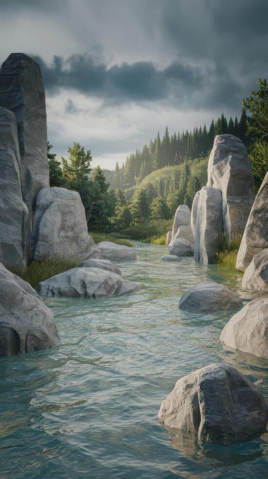 A river with rocks and trees in the background photo