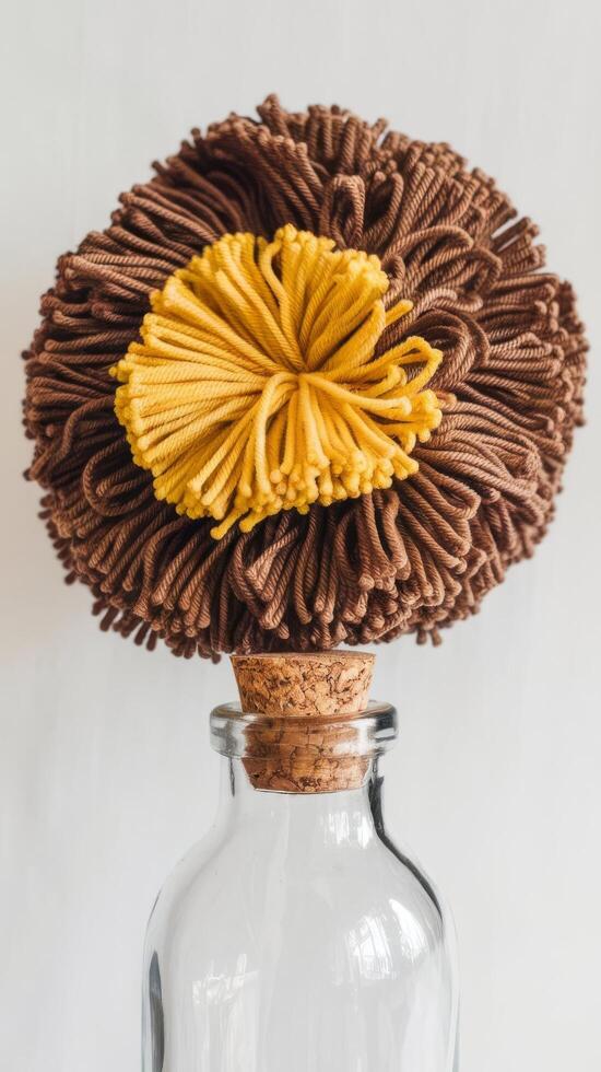 Brown and yellow pom poms in bottle photo