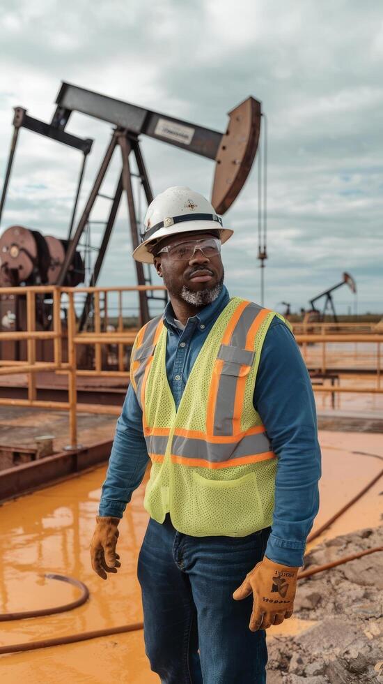A man in a hard hat and vest standing in front of an oil pump photo