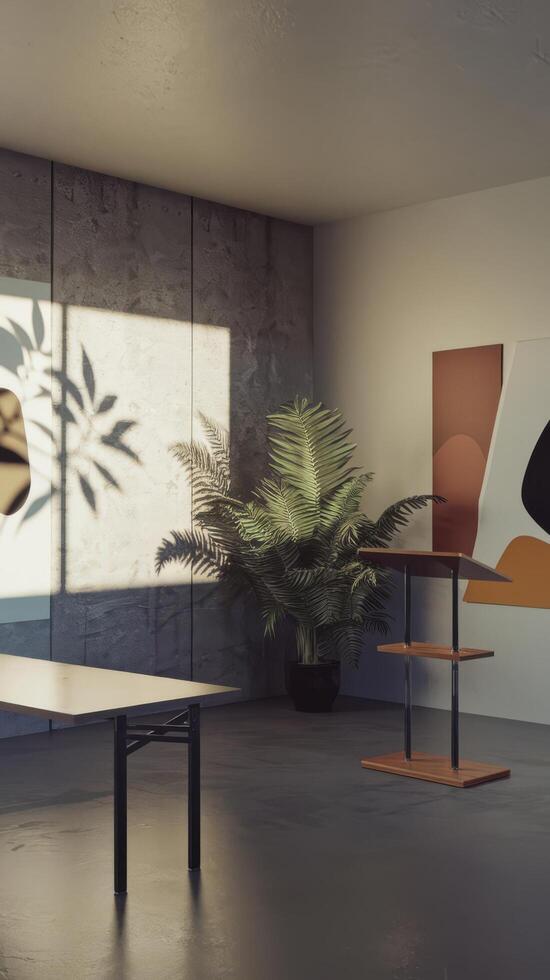 A room with a table and a chair in it photo