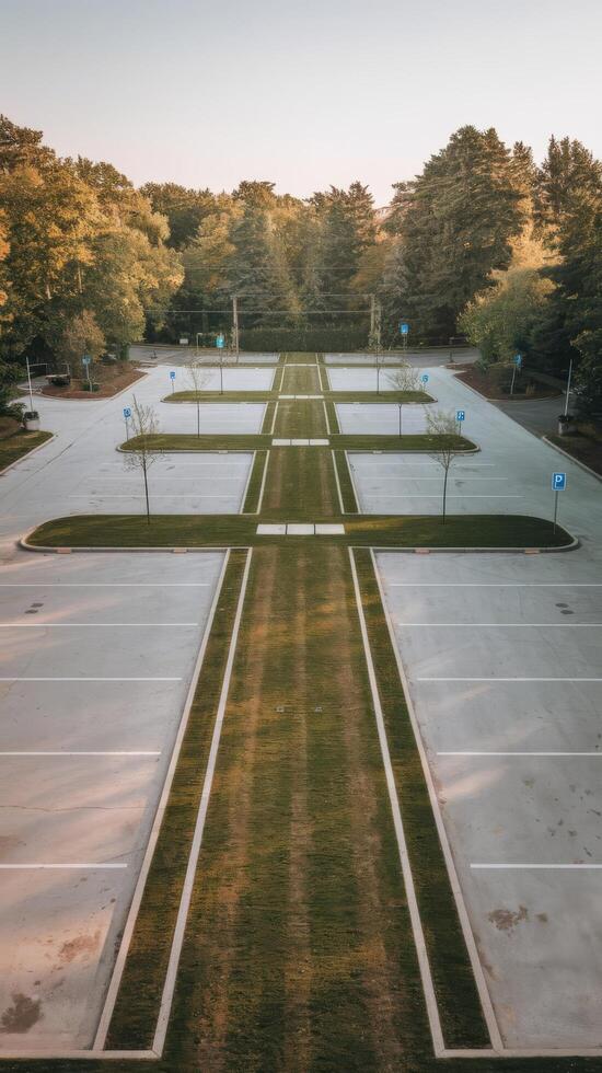 An empty parking lot with trees and grass photo