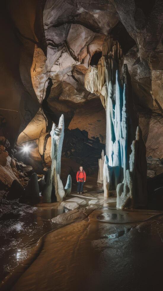 Hiker in the loftsalahellir cave near the village of vik in iceland photo