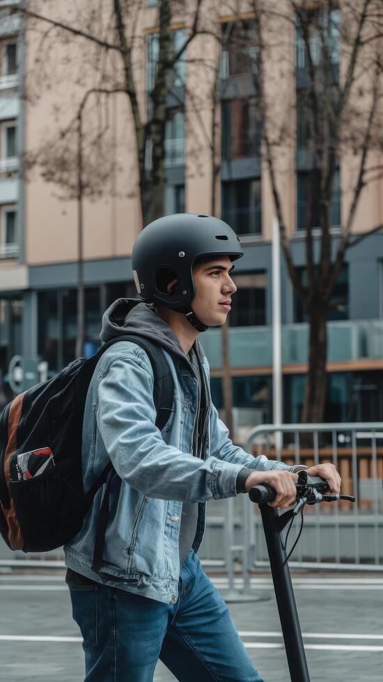 A man in a helmet riding an electric scooter photo
