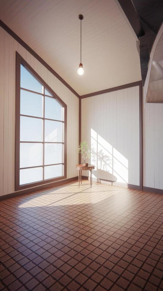An empty room with a window and a table photo