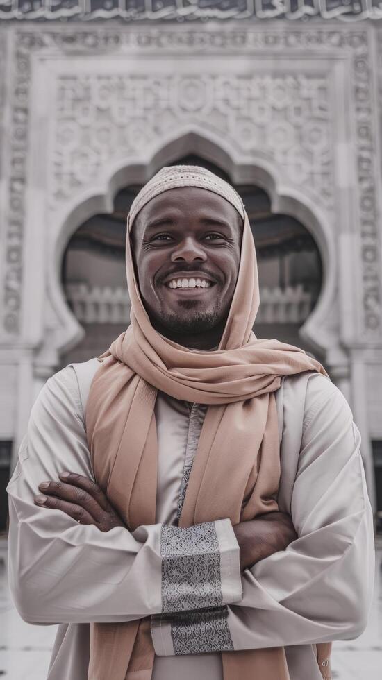 A man in an arabic outfit standing in front of a mosque photo