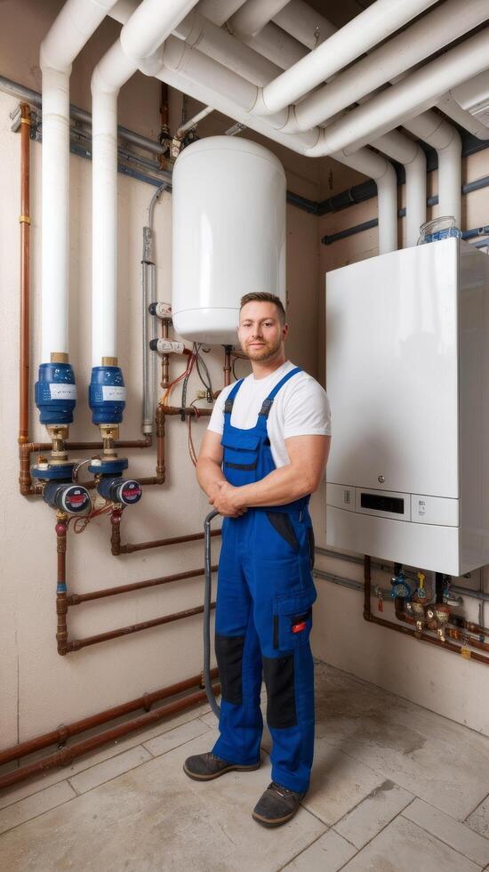 A man in overalls standing in front of a boiler photo