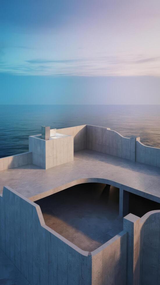 A concrete structure with a roof over it and a view of the ocean photo