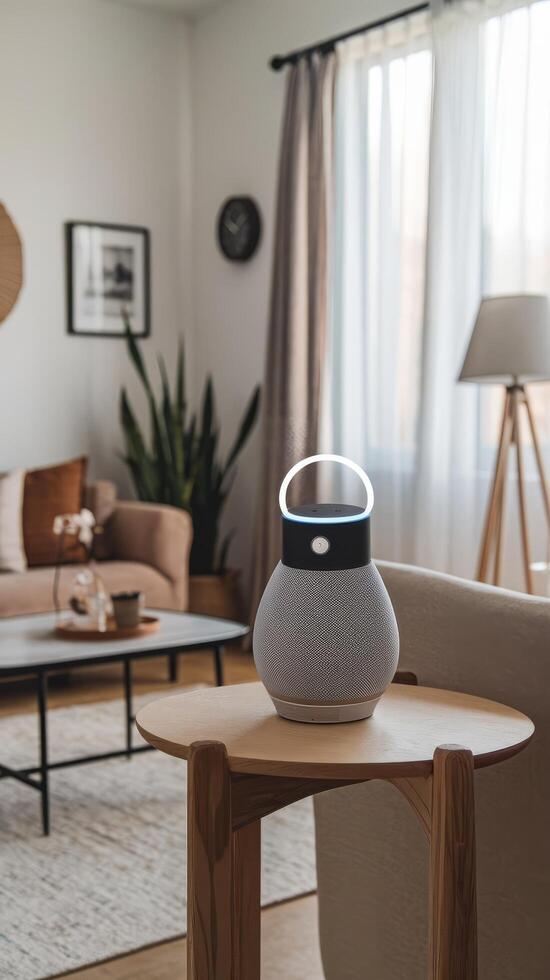 A smart speaker is sitting on a table in a living room photo