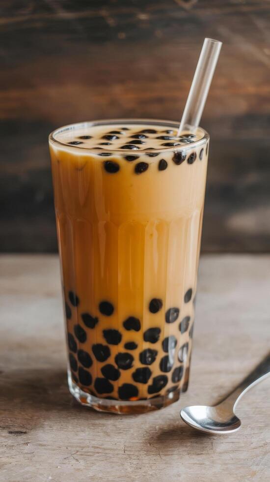 A glass of bubble tea with black spots on the side photo